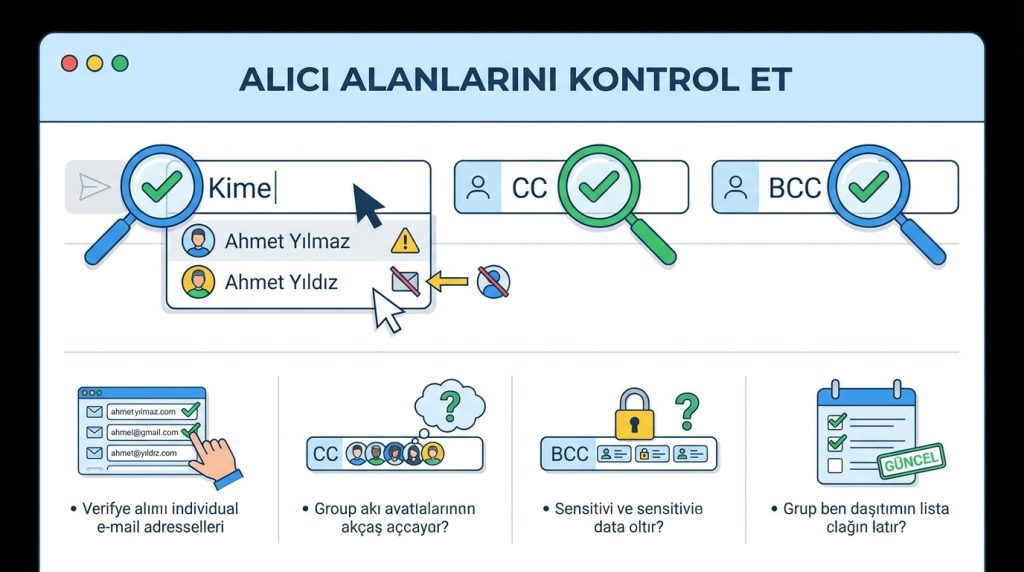 Outlook’ta Paylaşmadan Önce E-postayı Son Kez Kontrol Etme Rutini 2 1) Alıcı Alanlarını Kontrol Et