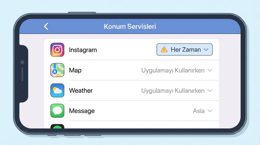 iPhone’da Gizlilik Kontrol Listesi: Ayarlardan 15 Önemli Nokta 2 1) Konum Servislerini Uygulama Bazında Yönet