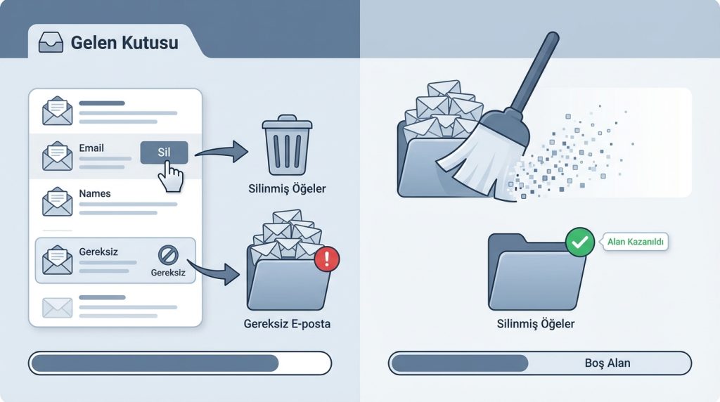 1) Silinmiş Öğeler ve Gereksiz E-posta Klasörlerinin Birikmesi
