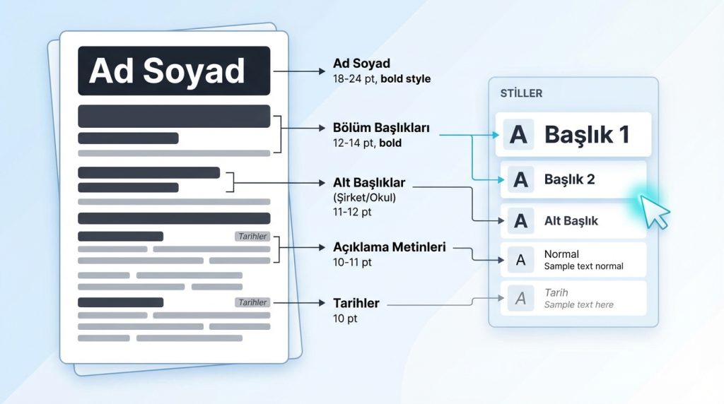 Word’de CV Şablonu Mantığı: Düzenli ve Okunabilir Tasarım 2 1. Görsel Hiyerarşi