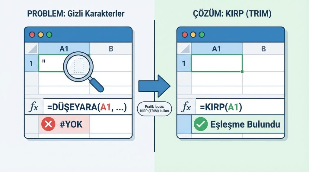 Excel’de #DEĞER! Hatası: En Sık Sebepler ve Düzeltme Mantığı 2 2) Gizli Karakterler ve Boşluklar