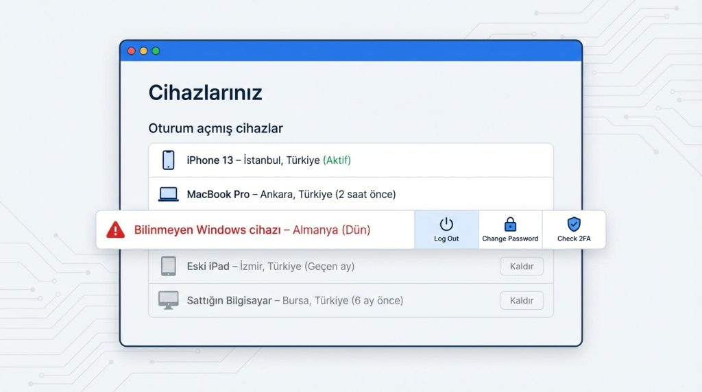 “Güvenlik kontrolü” sayfasında düzenli bakılacak 10 şey 2 2) Oturum Açmış Cihazları İncele