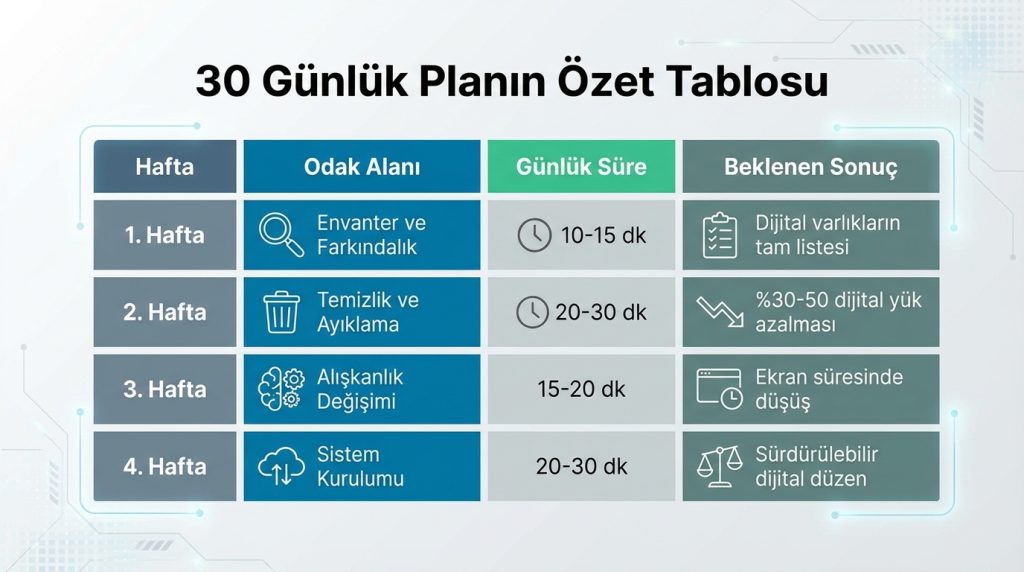 30 Günlük Planın Özet Tablosu
