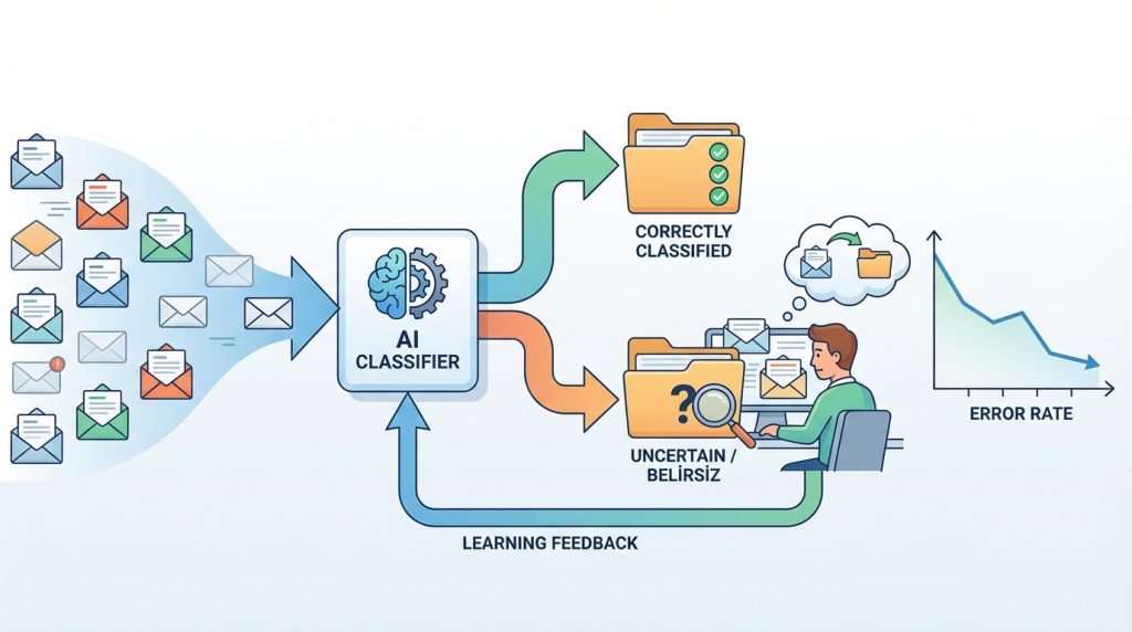 E-posta triage sürecini AI ajanı ile otomatikleştirme 5 AI yanlış sınıflandırma yaparsa ne olur?