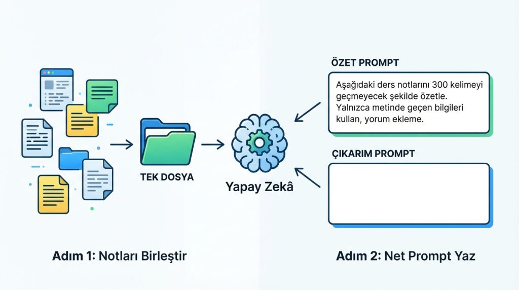 Yapay Zekâ ile Kaynak Notlarından Özet ve Çıkarım Ayırma 2 Adım Adım: Notlardan Özet ve Çıkarım Elde Etme