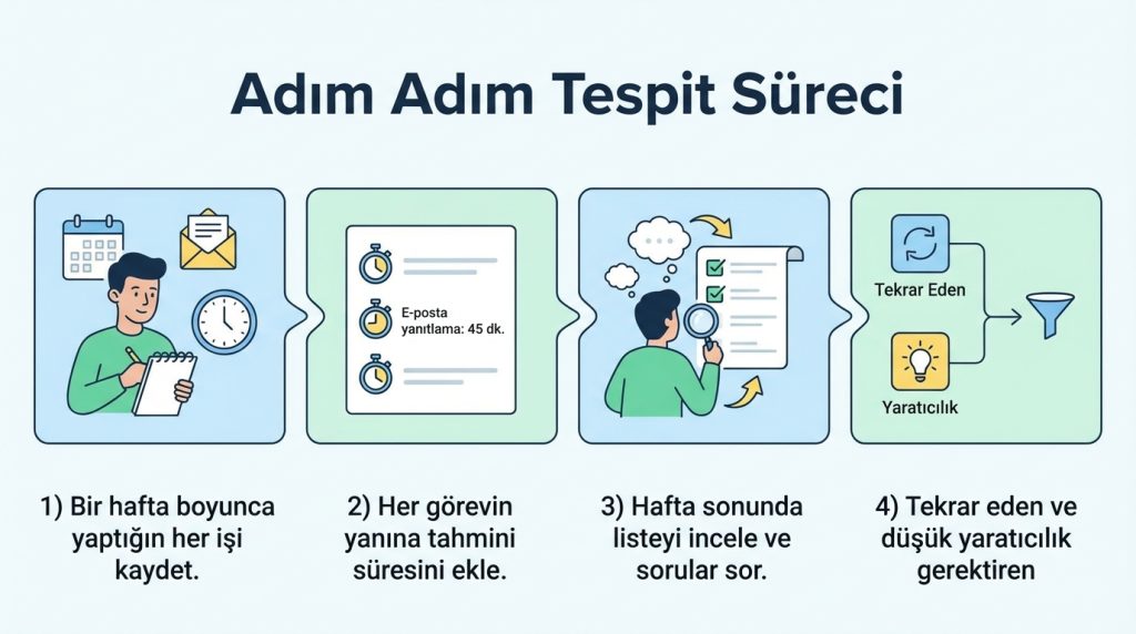Yapay Zekâ ile Tekrarlayan İşleri Tespit Etme ve Otomasyon Fırsatları 2 Adım Adım Tespit Süreci
