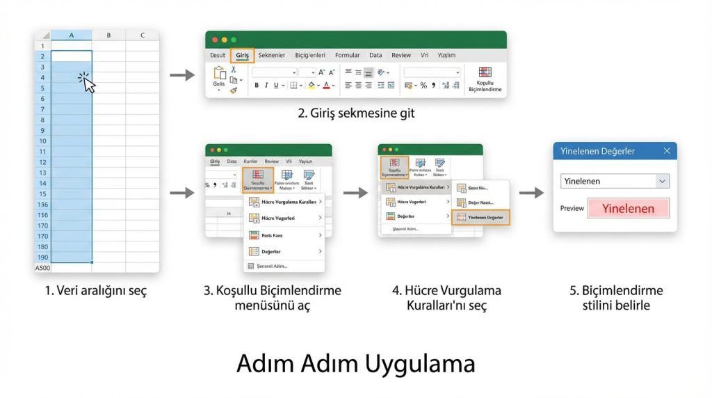 Excel’de Yinelenenleri Bulma: Koşullu Biçimlendirme ile Hızlı Yöntem 2 Adım Adım Uygulama