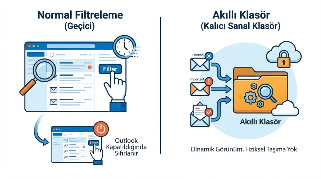Akıllı Klasör ile normal filtreleme arasındaki fark nedir?