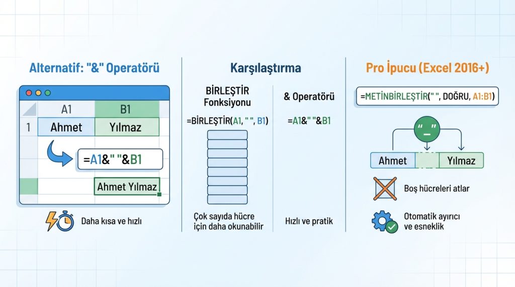 Excel’de Metin Birleştirme: BİRLEŞTİR + METNEÇEVİR ile Düzenli Çıktı 2 Alternatif: "&" Operatörü