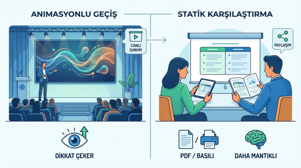 PowerPoint’te Öncesi Sonrası Slaytı Tasarlama 5 Animasyonlu geçiş mi yoksa statik karşılaştırma mı daha etkili?