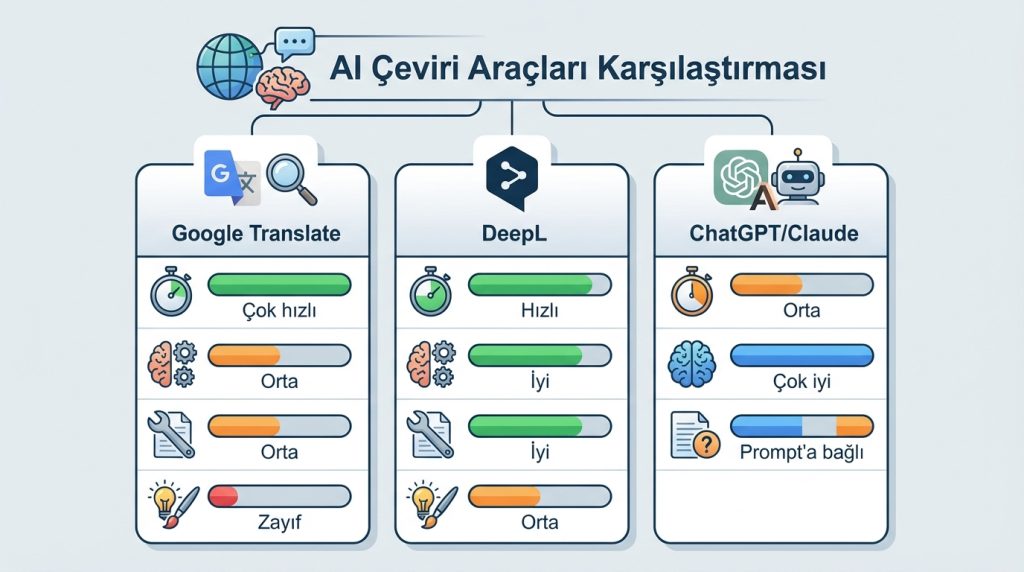 AI ile çeviri: hata riskini azaltma yöntemleri 3 Araç Karşılaştırması: Hangisi Ne İçinUygun?