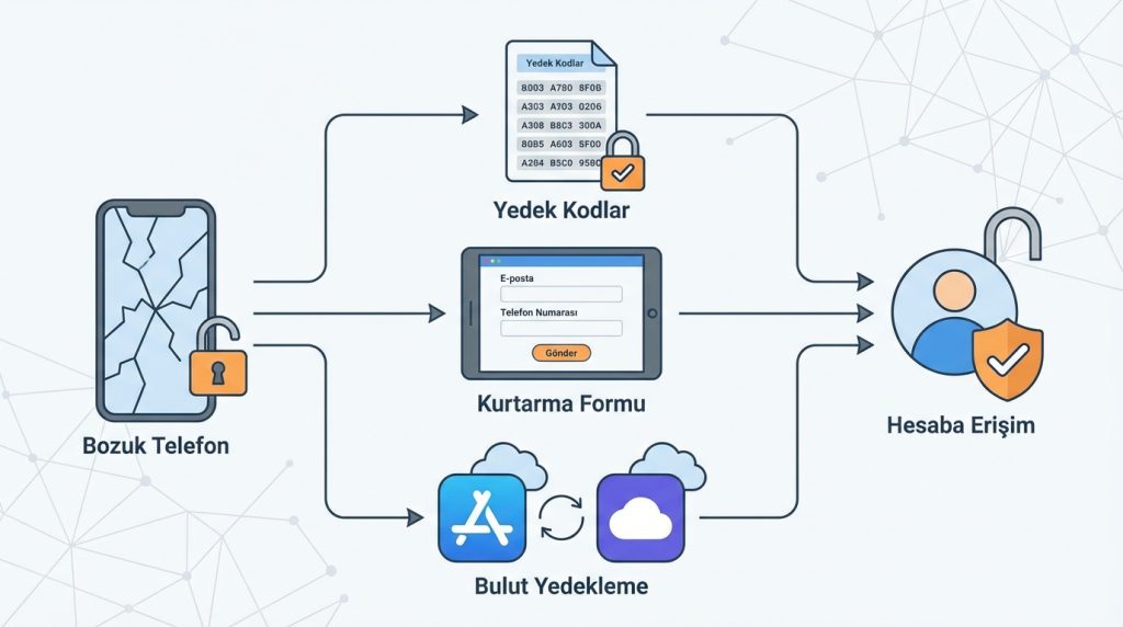 Authenticator uygulaması yüklü telefonum bozuldu, hesabıma nasıl girerim?