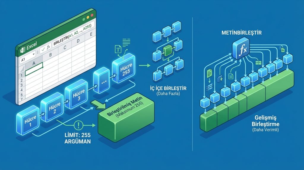 Excel’de Metin Birleştirme: BİRLEŞTİR + METNEÇEVİR ile Düzenli Çıktı 4 BİRLEŞTİR fonksiyonu kaç hücreyi birleştirebilir?