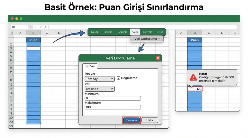 Excel’de Veri Doğrulama Nedir? Hatalı Girişi Engellemenin En Kolay Yolu 3 Basit Örnek: Puan Girişi Sınırlandırma