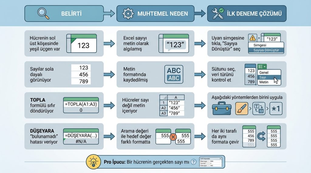 Belirti → Muhtemel Neden → İlk Deneme Çözümü