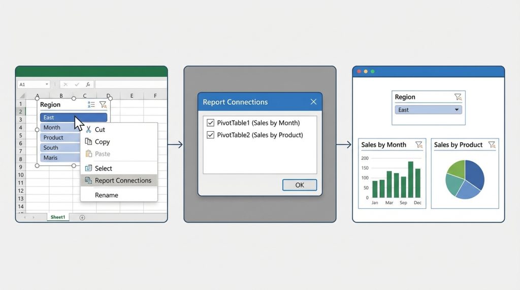 Excel PivotTable Filtreleme: Dilimleyici (Slicer) ile Etkileşimli Rapor 3 Birden Fazla PivotTable'ı Tek Dilimleyiciyle Kontrol Etme
