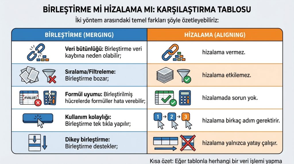 Excel’de Hücreleri Birleştirme mi, Hizalama mı? Doğru Seçim Rehberi 3 Birleştirme mi Hizalama mı: Karşılaştırma Tablosu
