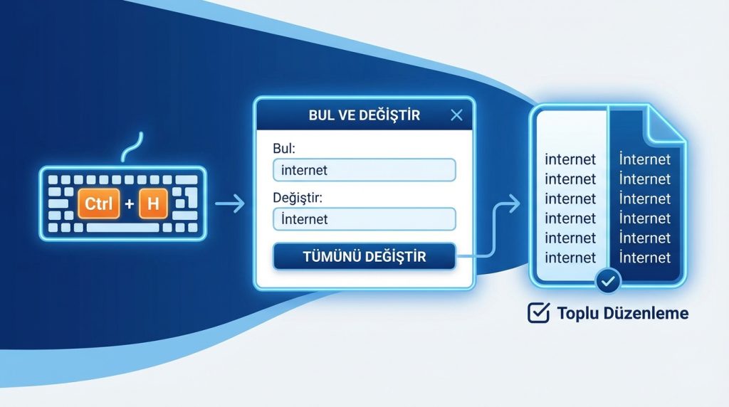 Word’de Metni Büyük Harfe Çevirme ve Hızlı Düzenleme Yöntemleri 3 Bul ve Değiştir ile Toplu Düzenleme