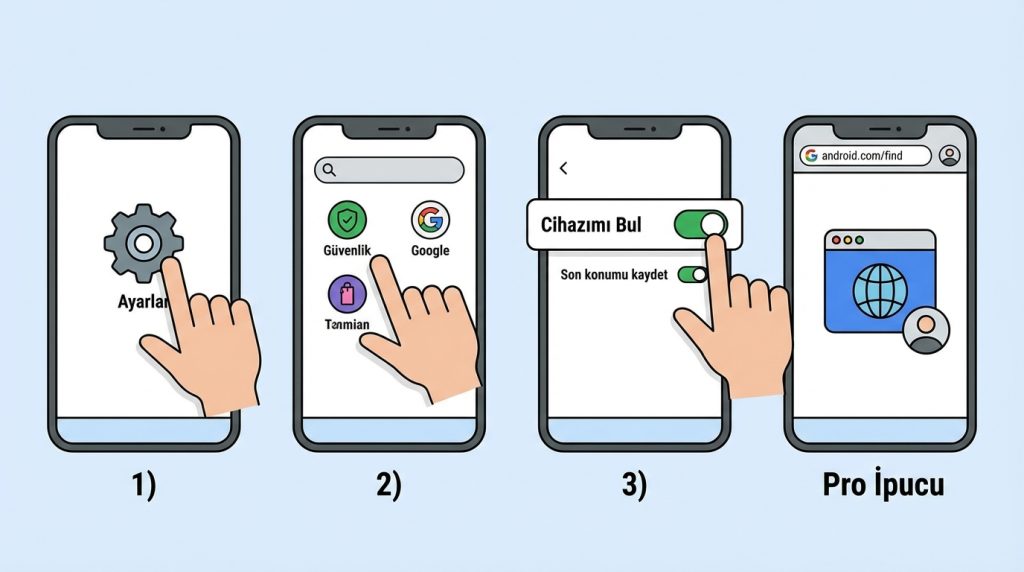 Android’de kaybolan telefon için önceden açılması gereken ayarlar 2 Cihazımı Bul Nasıl Açılır?