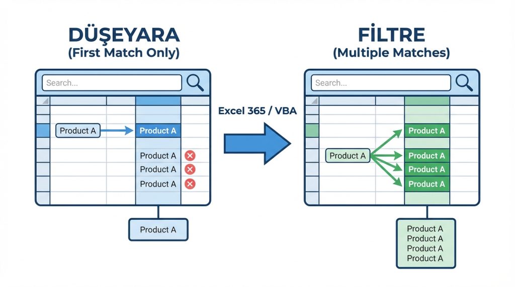 Excel DÜŞEYARA (VLOOKUP) Nedir? Doğru Kullanım + Hata Önleme 4 DÜŞEYARA birden fazla sonuç döndürebilir mi?