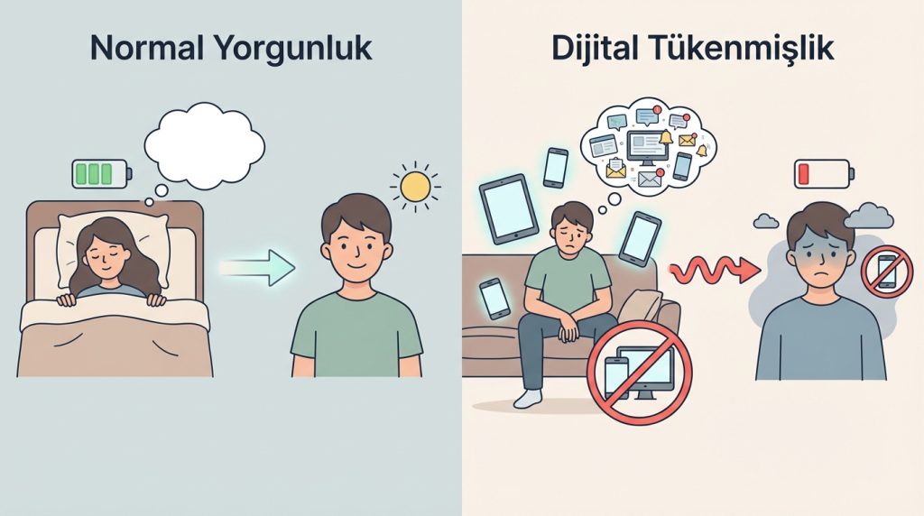 Dijital tükenmişlik ile normal yorgunluk arasındaki fark nedir?