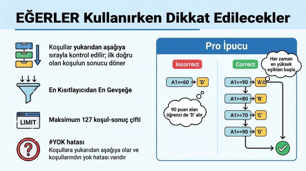 Excel’de İç İçe EĞER Yazmadan Koşul Kurma: Pratik Yaklaşım 2 EĞERLER Kullanırken Dikkat Edilecekler