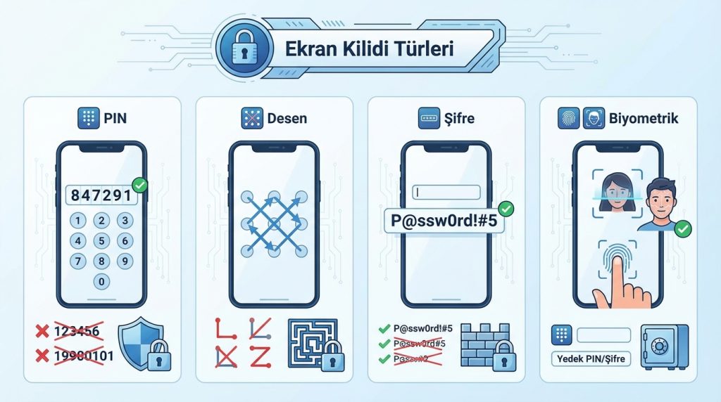 Android’de kaybolan telefon için önceden açılması gereken ayarlar 4 Ekran Kilidi Türleri