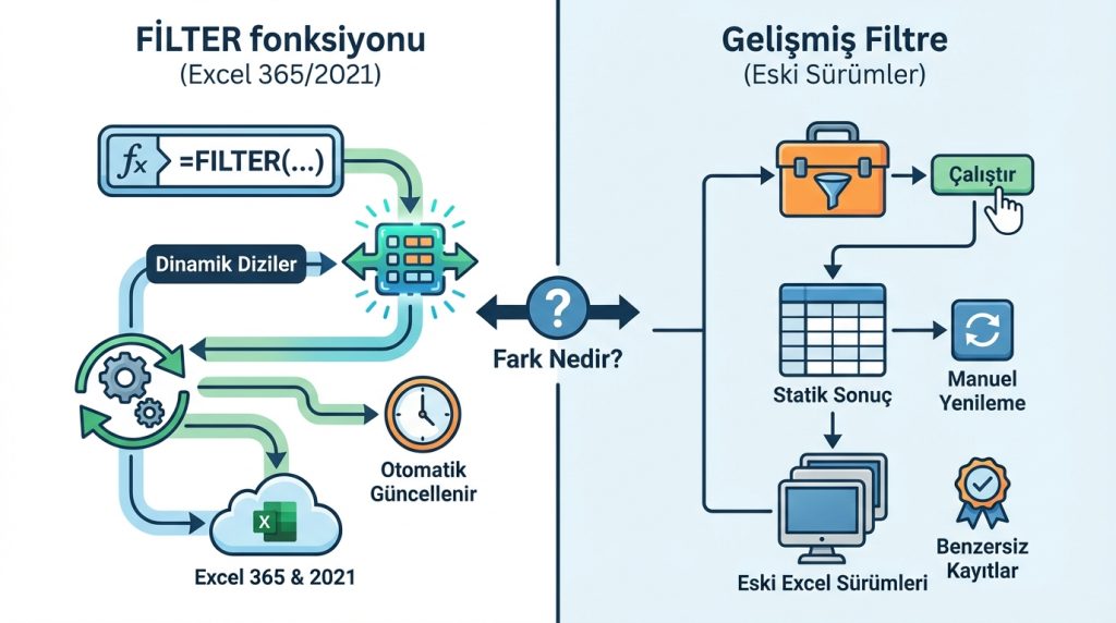 Gelişmiş Filtre ile FILTER fonksiyonu arasındaki fark nedir?