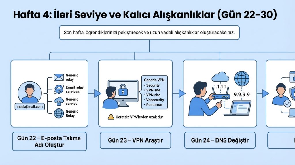Dijital gizlilik için 30 günlük alışkanlık planı 4 Hafta 4: İleri Seviye ve Kalıcı Alışkanlıklar (Gün 22-30)