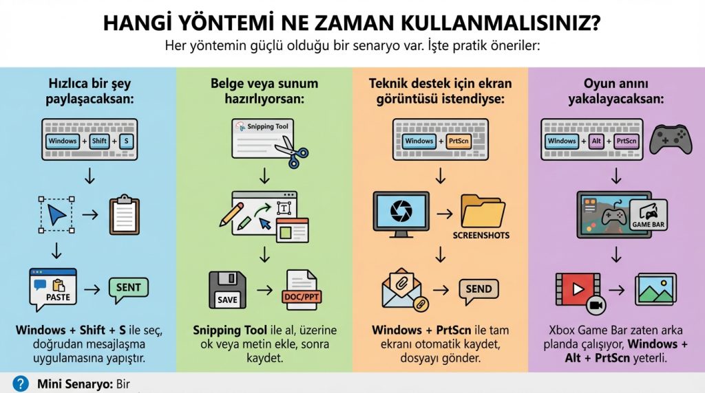 Windows’ta ekran görüntüsü alma yöntemleri 4 Hangi Yöntemi Ne Zaman Kullanmalısınız?