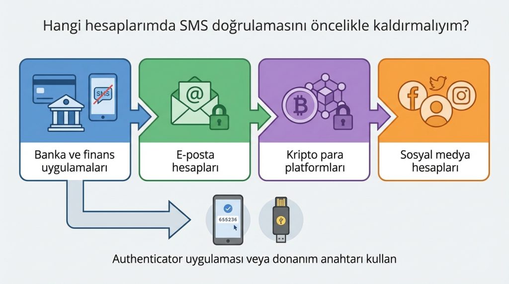 Hangi hesaplarımda SMS doğrulamasını öncelikle kaldırmalıyım?