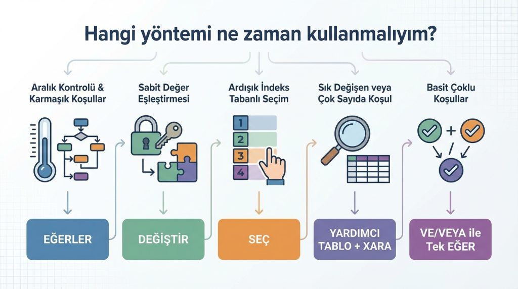 Excel’de İç İçe EĞER Yazmadan Koşul Kurma: Pratik Yaklaşım 5 Hangi yöntemi ne zaman kullanmalıyım?