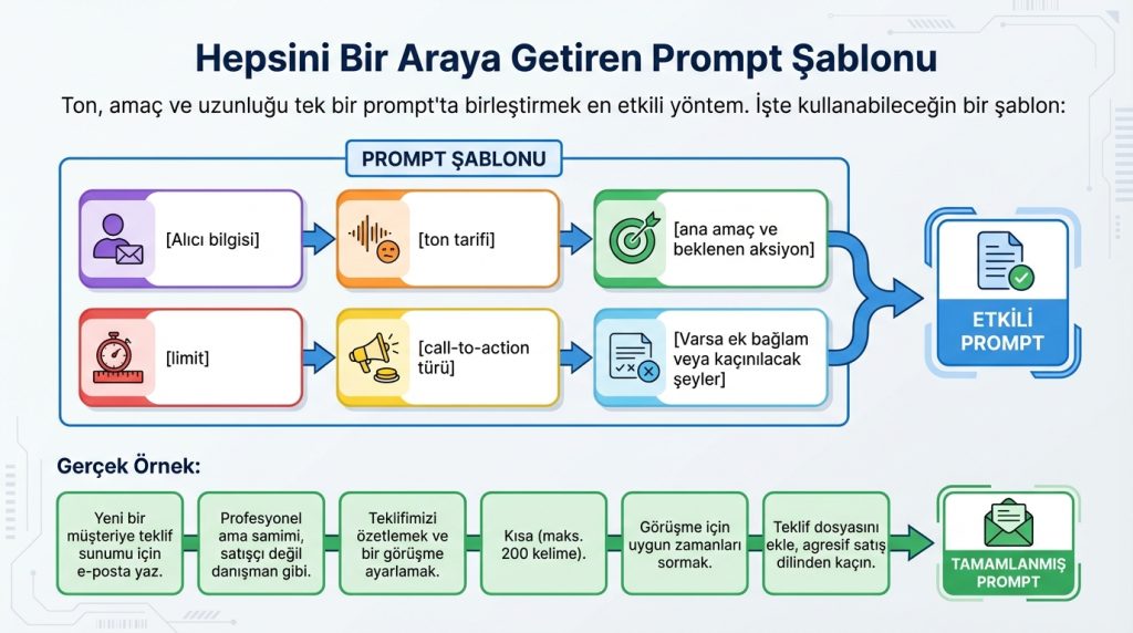 AI ile e-posta yazdırma: ton, amaç, uzunluk nasıl tarif edilir? 4 Hepsini Bir Araya Getiren Prompt Şablonu