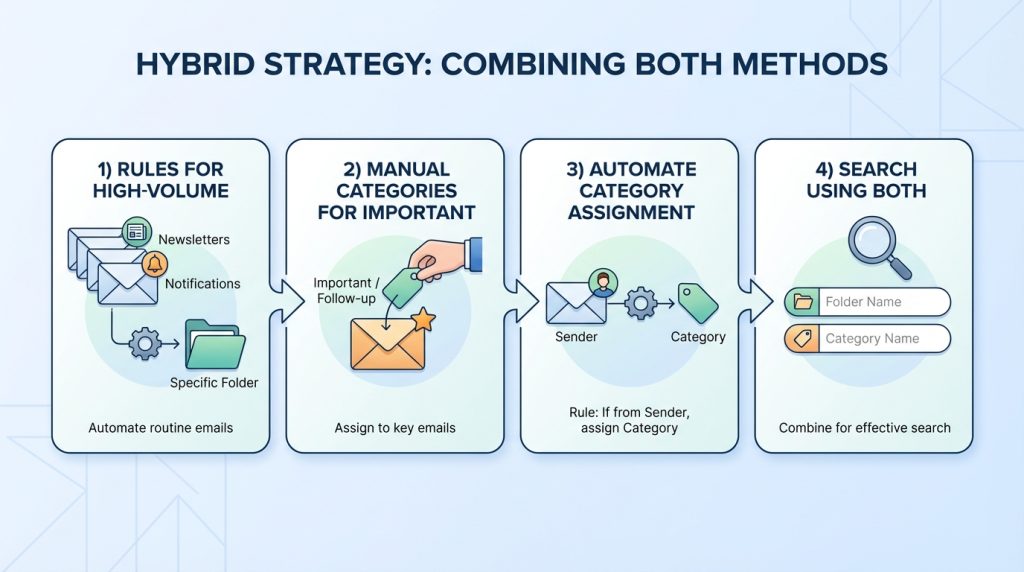 Outlook’ta Klasör Arama Stratejisi: Kural mı Kategori mi? 4 Hibrit Strateji: İkisini Birlikte Kullanmak