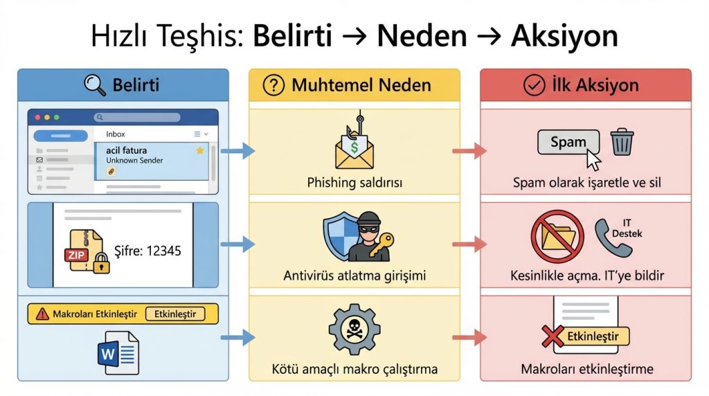 Şüpheli ek dosyalar: PDF, ZIP, Office dosyalarında güvenli yaklaşım 3 Hızlı Teşhis: Belirti → Neden → Aksiyon