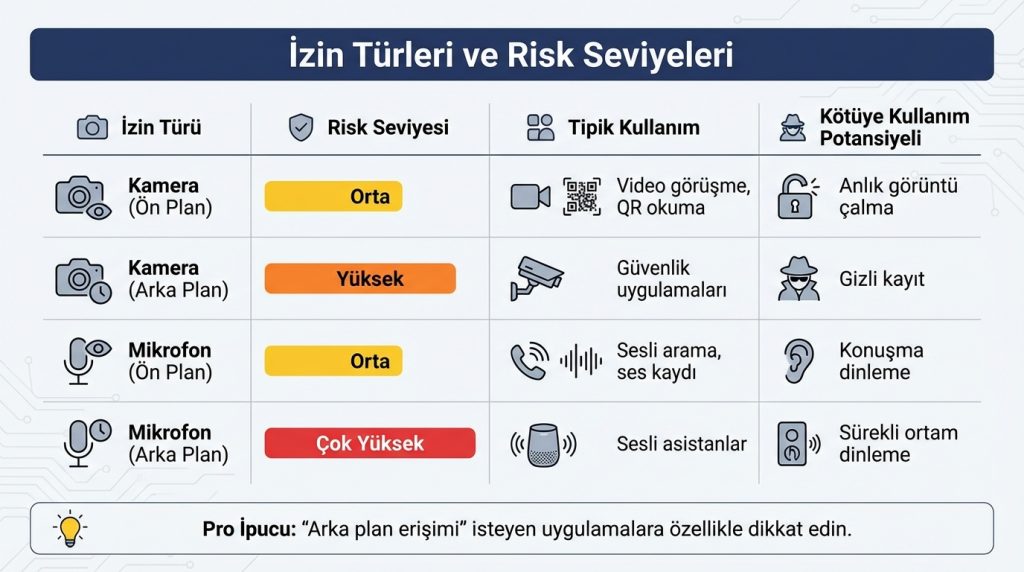 Kamera ve mikrofon izni: güvenlik için temel kurallar 2 İzin Türleri ve Risk Seviyeleri