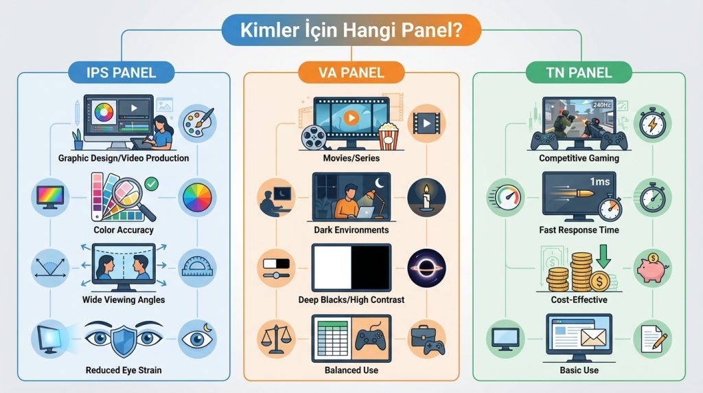 Monitörde panel türleri (IPS/VA/TN) nedir? 3 Kimler İçin Hangi Panel?