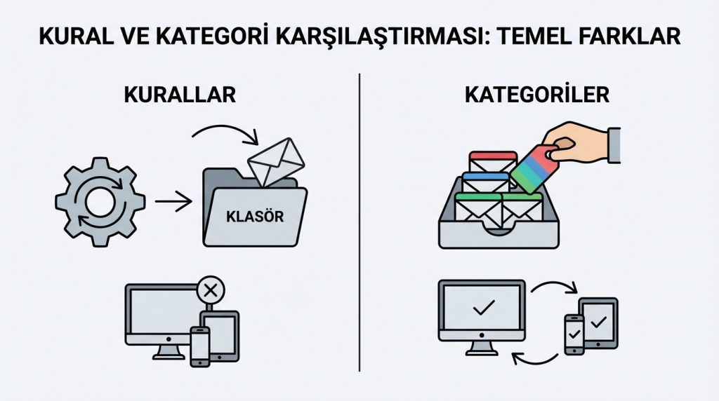 Outlook’ta Klasör Arama Stratejisi: Kural mı Kategori mi? 3 Kural ve Kategori Karşılaştırması: Temel Farklar
