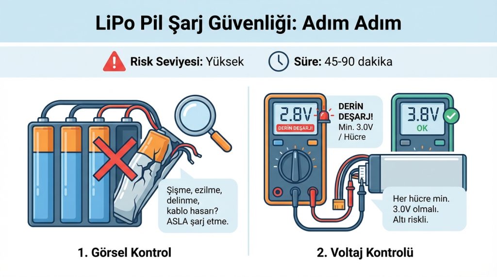 Drone pili (LiPo) güvenliği: şarj ve saklama kontrol listesi 2 LiPo Pil Şarj Güvenliği: Adım Adım