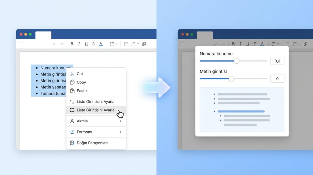 Liste numaraları ile metin arasındaki boşluk nasıl ayarlanır?