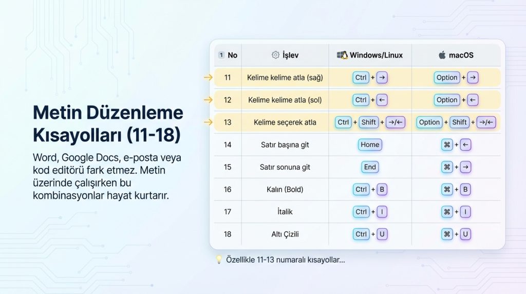 Metin Düzenleme Kısayolları (11-18)