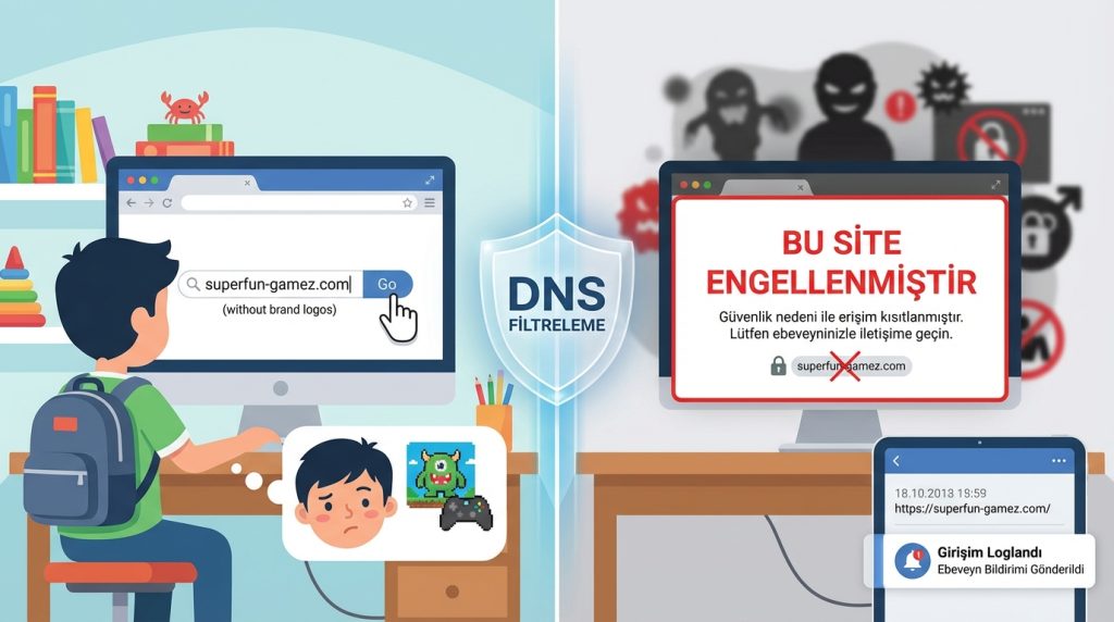 Mini Senaryo: Çocuğun Yanlışlıkla Zararlı Siteye Girmeye Çalışırsa?