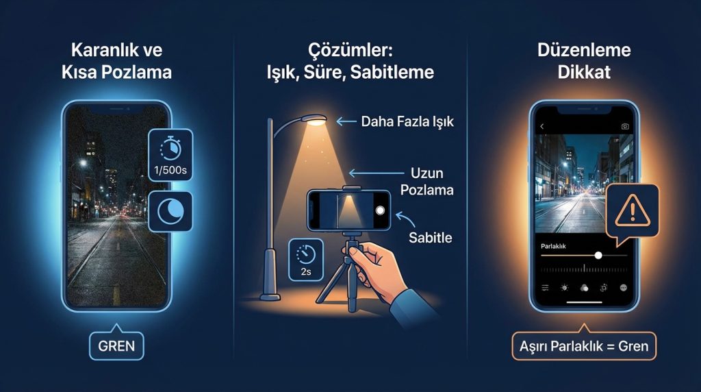 Neden gece fotoğraflarım hâlâ grenli çıkıyor?