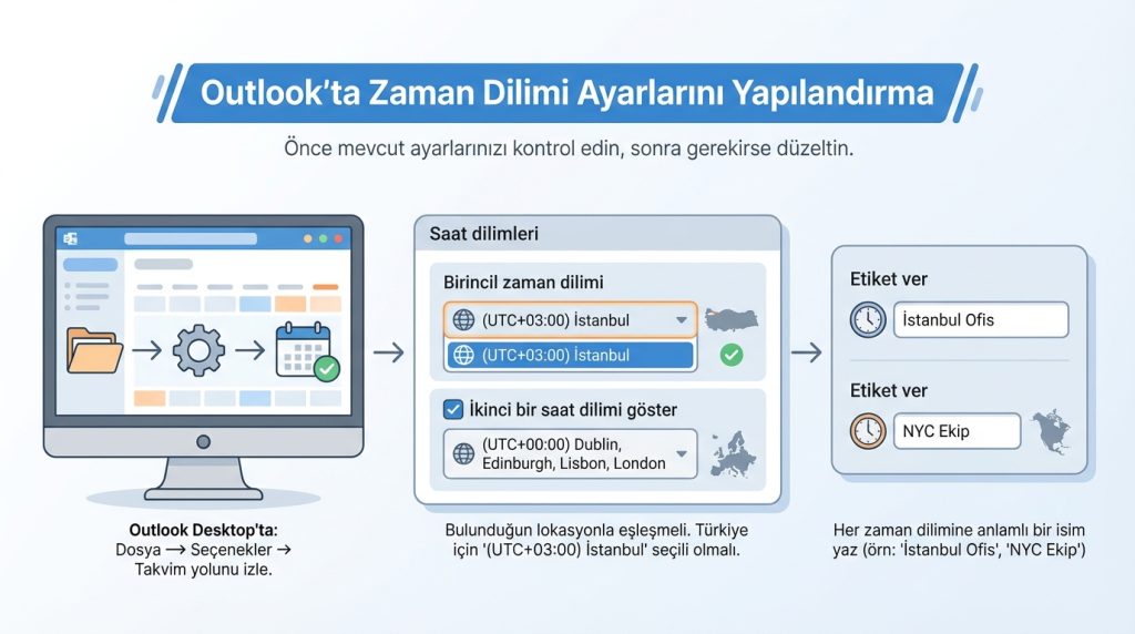 Outlook’ta Zaman Dilimi Time Zone ile Toplantı Planlama Mantığı 2 Outlook'ta Zaman Dilimi Ayarlarını Yapılandırma
