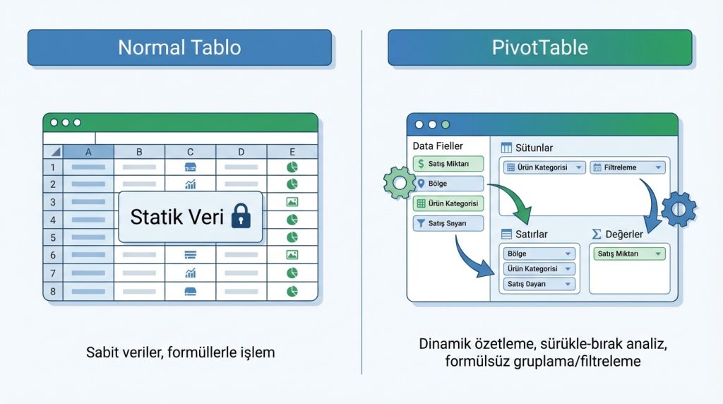Excel’de PivotTable Oluşturma: Yeni Başlayanlar İçin Adım Adım 3 PivotTable ile normal tablo arasındaki fark nedir?