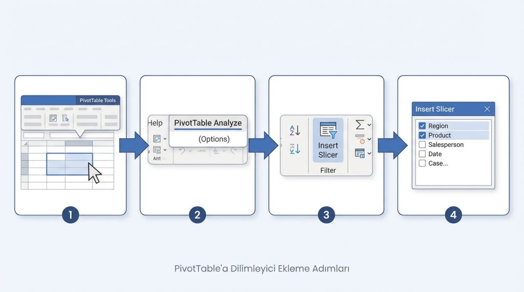 Excel PivotTable Filtreleme: Dilimleyici (Slicer) ile Etkileşimli Rapor 2 PivotTable'a Dilimleyici Ekleme Adımları