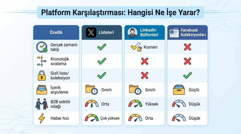 Sektör güncellemelerini takip etmek için listeler ve koleksiyonlar 3 Platform Karşılaştırması: Hangisi Ne İşe Yarar?