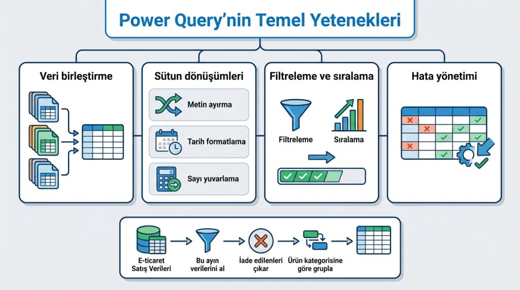 Excel’de “Tek Tıkla Rapor” Mantığı: Power Query + PivotTable Akışı 2 Power Query'nin Temel Yetenekleri
