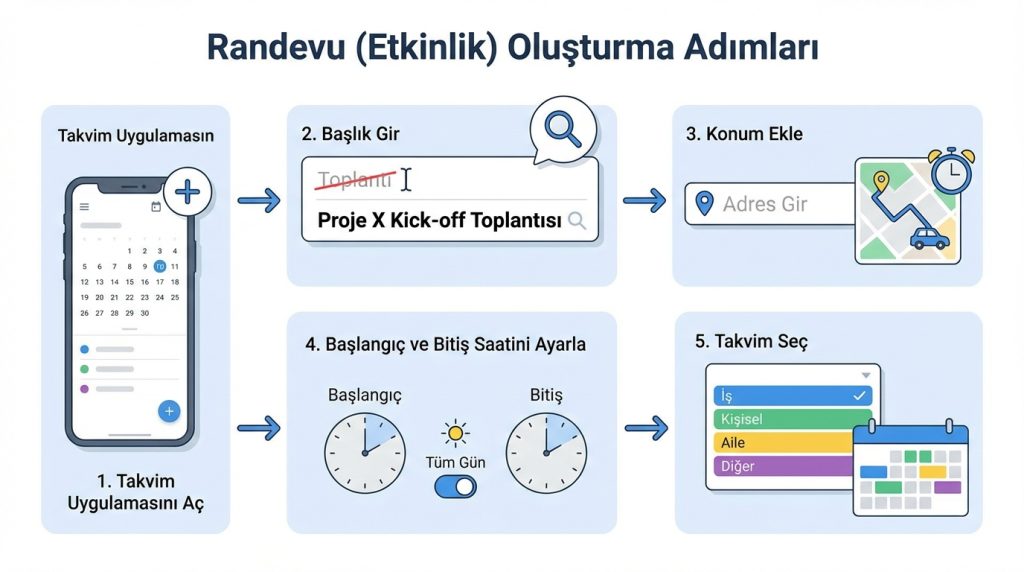 iPhone’da Takvim Kullanımı: Randevu ve Hatırlatıcı Mantığı 2 Randevu (Etkinlik) Oluşturma Adımları