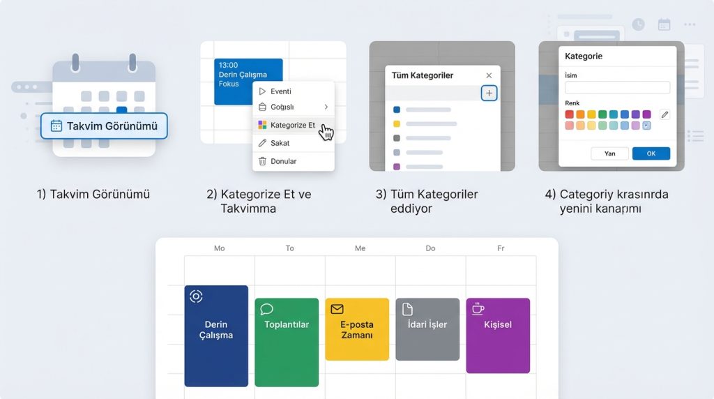 Outlook’ta Takvim ve E-posta Birlikte Verimlilik Sistemi Kurma 3 Renk Kodlu Kategoriler Oluşturma